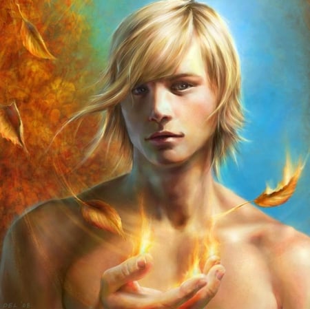 Autumn - autumn, blond, leaf, fantasy, fire, cg, face, digital art, boy