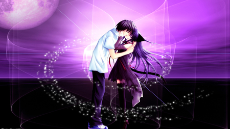 Love in purple - doll, kiss, neko, love, anime, girl, moon, couple, woman, boy