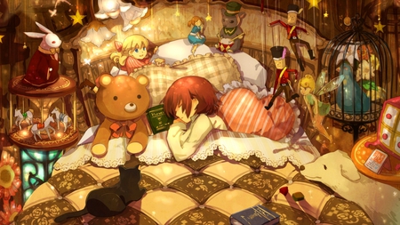 Toys on bed - woman, bed, cat, girl, bear, toy, bunny, doll, dog, anime