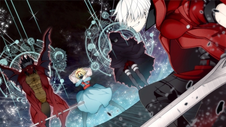 The Battle of the Century - sword, alice margatroid, video game, white hair, pipe, zombie, devil may cry, blonde hair, demon, magic circle, shin megami tensei, touhou, glowing eyes, nebiros, crossover, red coat, blue dress, oni, dante