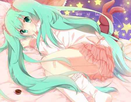 Hatsune Miku - pretty, artistic, pink, light, bed, pillow, nice, program, hot, thighhighs, beauty, toy, bunny, cg, white, cute, aqua eyes, plushie, song, sexy, vocaloid, anime, twintail, dress, virutal, hatsune miku, stars, music, aqua, red, socks, art, idol, rabbit, anime girl, beautiful, singer, girl, cool, black, glow, miku, awesome, diva, bright, digital, aqua hair, hatsune, vocaloids