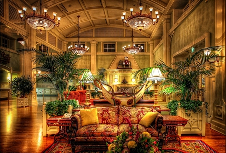 Interior - sofa, beautiful, table, colors, lamp, resort, interior, lobby, colorful, design, lights, hdr, hotel