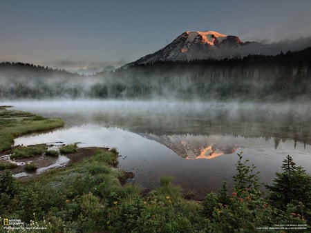 Mt. Ranier - ranier, lake, mountain, misty