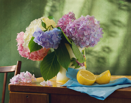 Still life - pretty, vase, beautiful, colors, still life, flowers, colorful, nature, lemon