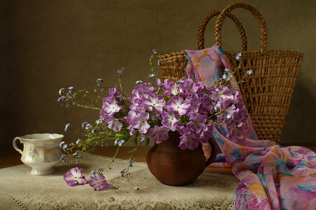 Still life - purple, pretty, purple flowers, beautiful, flowers, still life, cup, petals, nature, colors