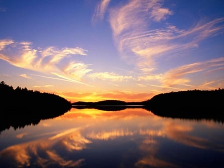 Sunset-Over-Quetico-Lake - nature, sky, lake, reflection, clouds, sunsets, colors