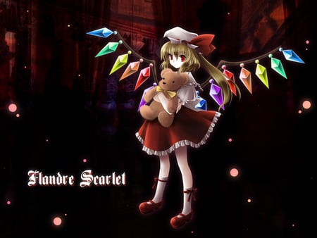 Flandre Scarlet - hat, flandre scarlet, dress, girl, blonde hair, red eyes, short hair, touhou, wings, cute