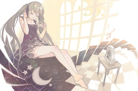 Melody - vocaloid, note, tea, music, stairs, melody, miku, desk, 01, hatsune, box, sun, cup