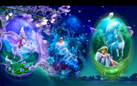 Fantasy world - beauty, stars, horse, dream, dreams, flowers, girls, fantasy, world, horses, picture, universe, nice, animals