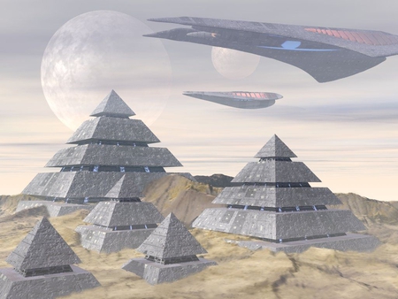 alien world - spaceships, moons, pyramids, desert