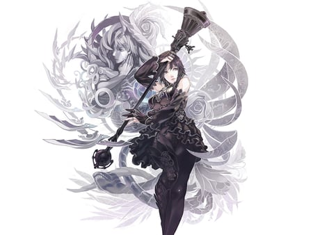 Aoinhatsu - black, grey, white, female, snake, staff, dress, ruffles