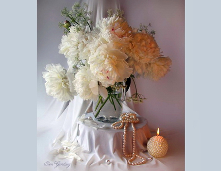 Pearls and peonies - white, pearls, flame, peonies, candle, red, candle glow, vase