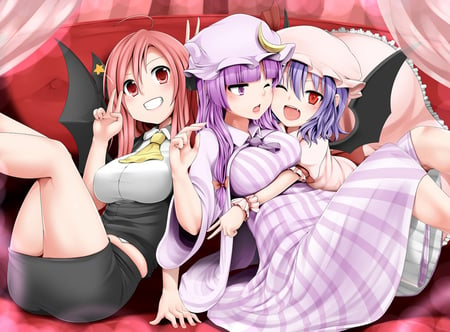 touhou - girls, red eyes, sleep, long hair, pink hair, purple hair, dress, demon