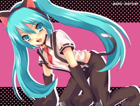 miku hatsune - jeans, blush, aqua hair, animal girl, long hair, pink, blue eyes