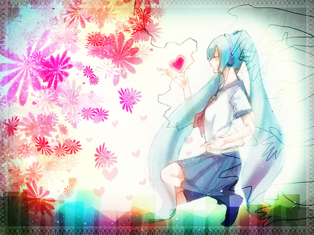 miku hatsune - love, long hair, colors, aqua hair, uniform, flowers, jump, yard