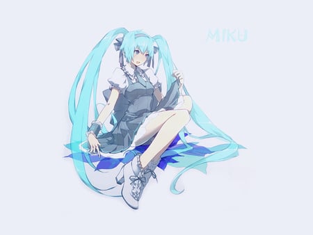 Hatsune Miku - tails, vocaloid, miku, blue, sit, 01, hatsune, twin