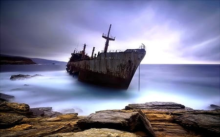 ABANDONED RUSTY SHIP - beach, ship, old, rusty, ocean, abandoned