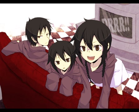 durarara - orihara izaya, orihara kururi, glasses, brown eyes, braids, black hair, orihara mairu, group, short, durarara