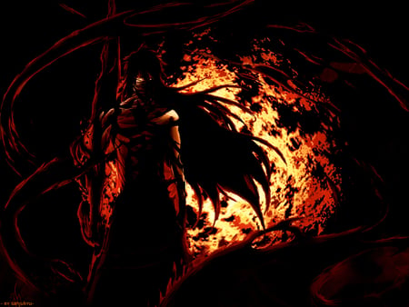 Mugetsu - male, kurosaki ichigo, bleach, long hair, darkness, black, fire, cool, anime, ichigo kurosaki, mugetsu