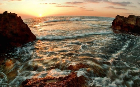 Sunset - clouds, beautiful, sea, colors, ocean, sunset, nature, waves, sky