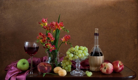 Still life - glass, fruits, wine, still life, nature, pretty, beautiful, flowers, colors, grapes, apple