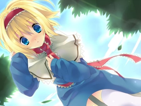 Alice Margatroid - short hair, touhou, dress, girl, blonde hairn anime, sky, alice margatroid, blue eyes