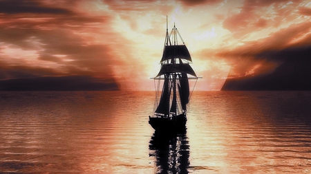 Sailing Into the Sunset - clouds, water, ship, boat, sea, ocean, reflection, firefox persona, sail, sailing, sunset, sky