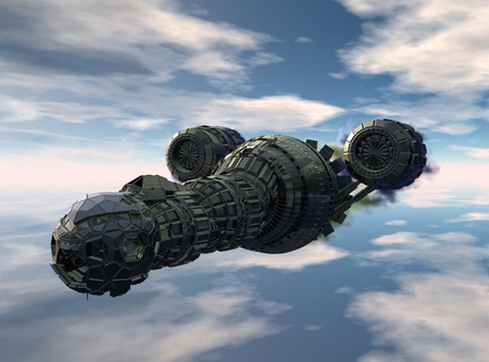 spaceship - flying, blue sky, grey, clouds