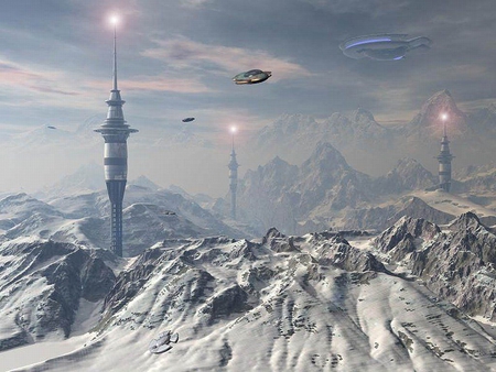 alien world - mountains, lights, spaceships, pillars