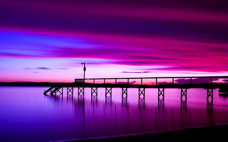 Red sunset - ocean, beach, water, sunset, pier, evening, beautiful, sea, outdoor, bridge, rosa