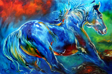 Captured Wild Stallion - painting, florescent, heat, art, horse, wild, captured, stallion