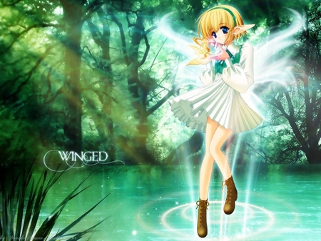 Winged - girl, trees, feathers, angel, anime, water, wings, blonde