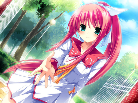 Nagishiro Miyako - nagishiro miyako, female, girl, long hair, bow, pink, anime, uniform, tree, ribbon