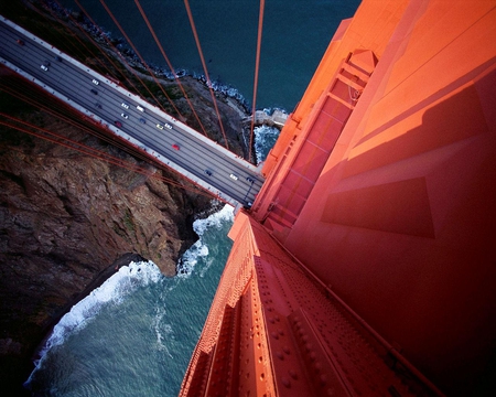 Looking Down on the Golden Gate Bridge - cars, water, high, rock, architecture, metal, nature, altitudes, bridge