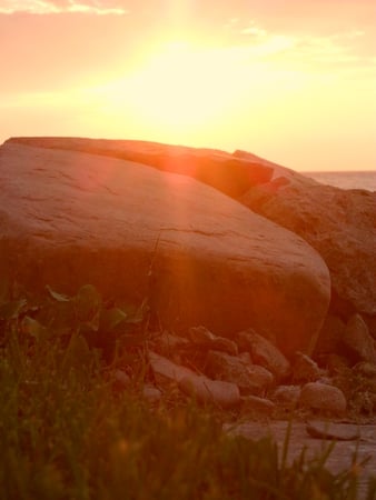 Lake House - sunset, lake, field, stones, rocks