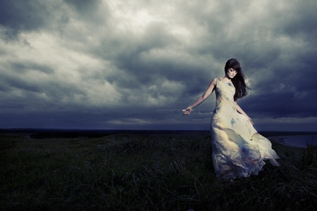 Lonely - beauty, woman, sadness, girl, photography, sad, storm, windy, lonely, beautiful, clouds, breeze