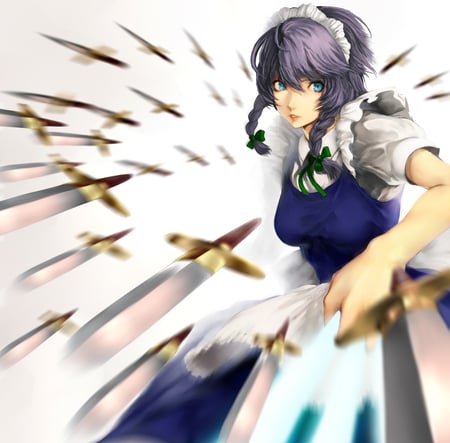 Izayoi Sakuya - tohou, female, knives, izayoi, dress, maid, head, grey, sakuya, apron