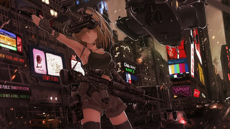 Call Duty - new york, gun, m4 carbine, female, assault rifle, anime girl, battle, war, rifle, helicopter, city, soldiers, call duty, weapons