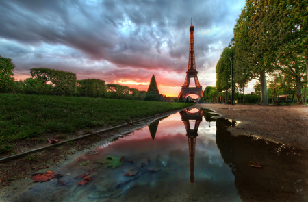 Eiffel Tower - clouds, trees, water, beautiful, grass, colors, reflection, eiffel tower, paris, sunset, nature, view, bench, france, sky