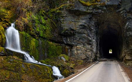 BEAUTIFUL ENTRANCE TO THE TUNNEL - entrance, waterfalls, rock, tunnel, road