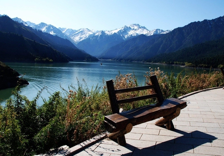 Lake View - lake, bench, mountains, view