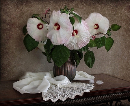 still life - pretty, elegantly, photo, flowers, old, nice, gently, vase, beautiful, photography, beauty, lace, lovely, cool, still life, flower, bouquet, harmony, white