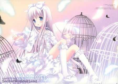 Secret Wonderland - beauty, girl, feathers, ribbons, blue eyes, long hair, anime, cute, white hair, dress