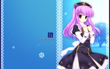 Anime Girl - red eyes, hat, girl, anime, long hair, purple hair, book, dress