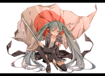 Hatsune Miku - aqua, hot, thighhighs, music, anime girl, stockings, white, art, flag, cool, aqua eyes, artistic, hatsune miku, sexy, skirt, song, vocaloids, program, vocaloid, beautiful, uniform, diva, beauty, nice, twintail, singer, aqua hair, long socks, black, virtual, geita, japan, pretty, idol, anime, miku, cute, girl, cg, hatsune, sandles, red, tie, awesome, digital, gray, outfit