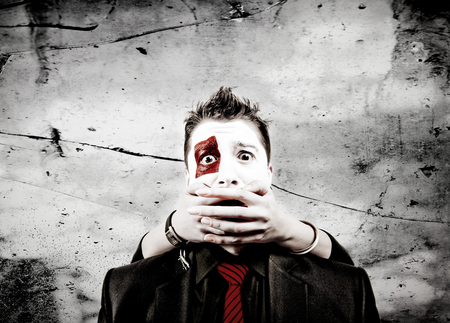 Anxious - man, suit, black, hands, white, mask, red, woman, paper, wall