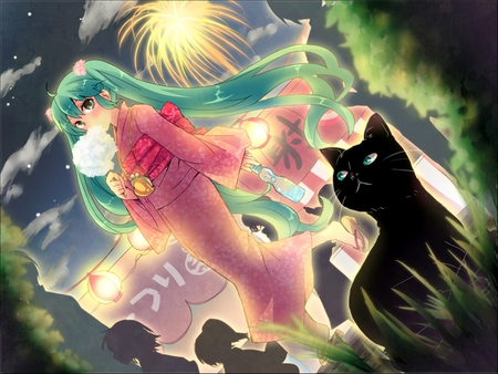 Hatsune Miku - sweets, black cat, aqua, headset, music, anime girl, white, art, lanterns, cool, aqua eyes, kimono, fireworks, artistic, hatsune miku, song, stand, vocaloids, program, vocaloid, pink, beautiful, diva, festival, beauty, nice, sky, twintail, singer, aqua hair, black, virtual, pretty, idol, clouds, cotton candy, anime, green, miku, cute, booth, cat, girl, cg, hatsune, microphone, blue, headphones, awesome, digital