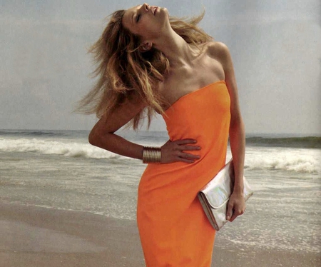 Martha Streck - woman, beach, rusian, orange, martha streck, model, dress, blonde