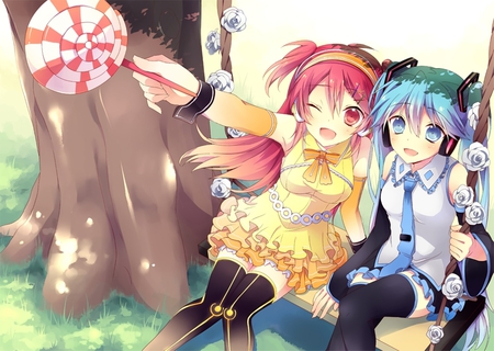 Kanon Nanase & Hatsune Miku - swings, tie, artistic, brown, pink, flowers, red hair, friends, sunlight, virtual, nanase, green, cute, song, vocaloid, anime, yellow, twintail, hatsune miku, aqua, red, lolipop, sky, clouds, skirt, singer, cool, glow, black, miku, digital, aqua hair, hatsune, headset, pretty, light, outside, uniform, headphones, nice, program, thighhighs, beauty, kanon, red eyes, cg, white, aqua eyes, outfit, dress, reflection, microphone, music, stockings, art, idol, anime girl, beautiful, girl, sweet, tree, awesome, diva, shade, vocaloids, kanon nanase