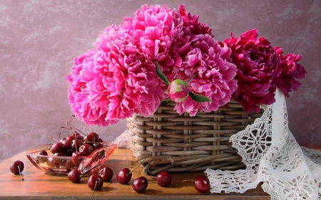 Still life - pretty, cherries, cherry, beautiful, still life, peonies, flowers, basket, peony, nature